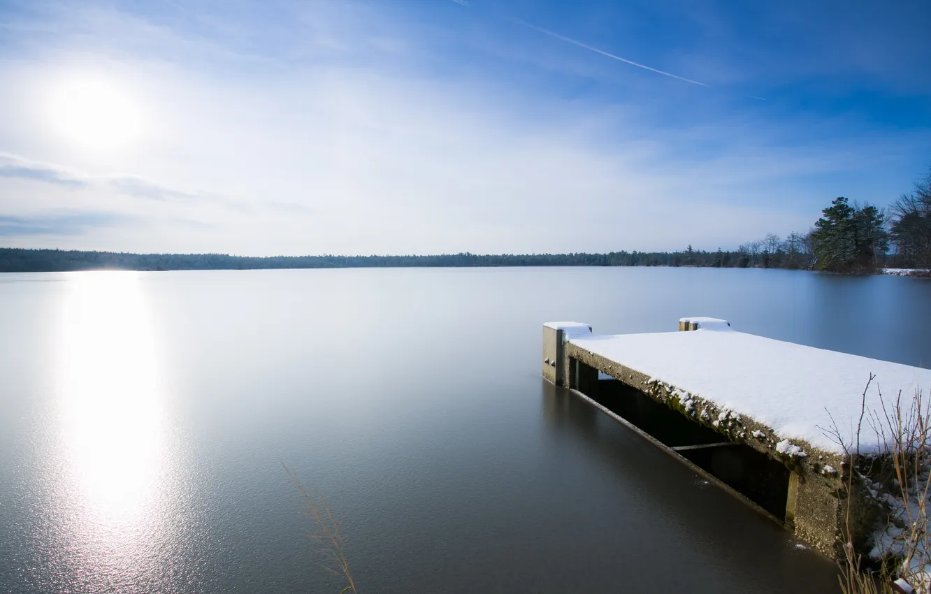 Photo wallpaper winter, bridge, lake