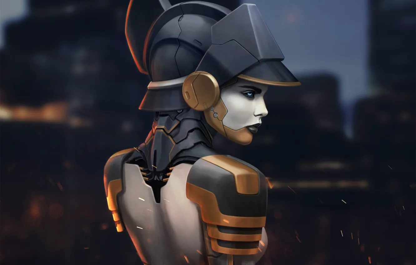 Photo wallpaper look, girl, back, art, profile, Cyberpunk, fantastic.