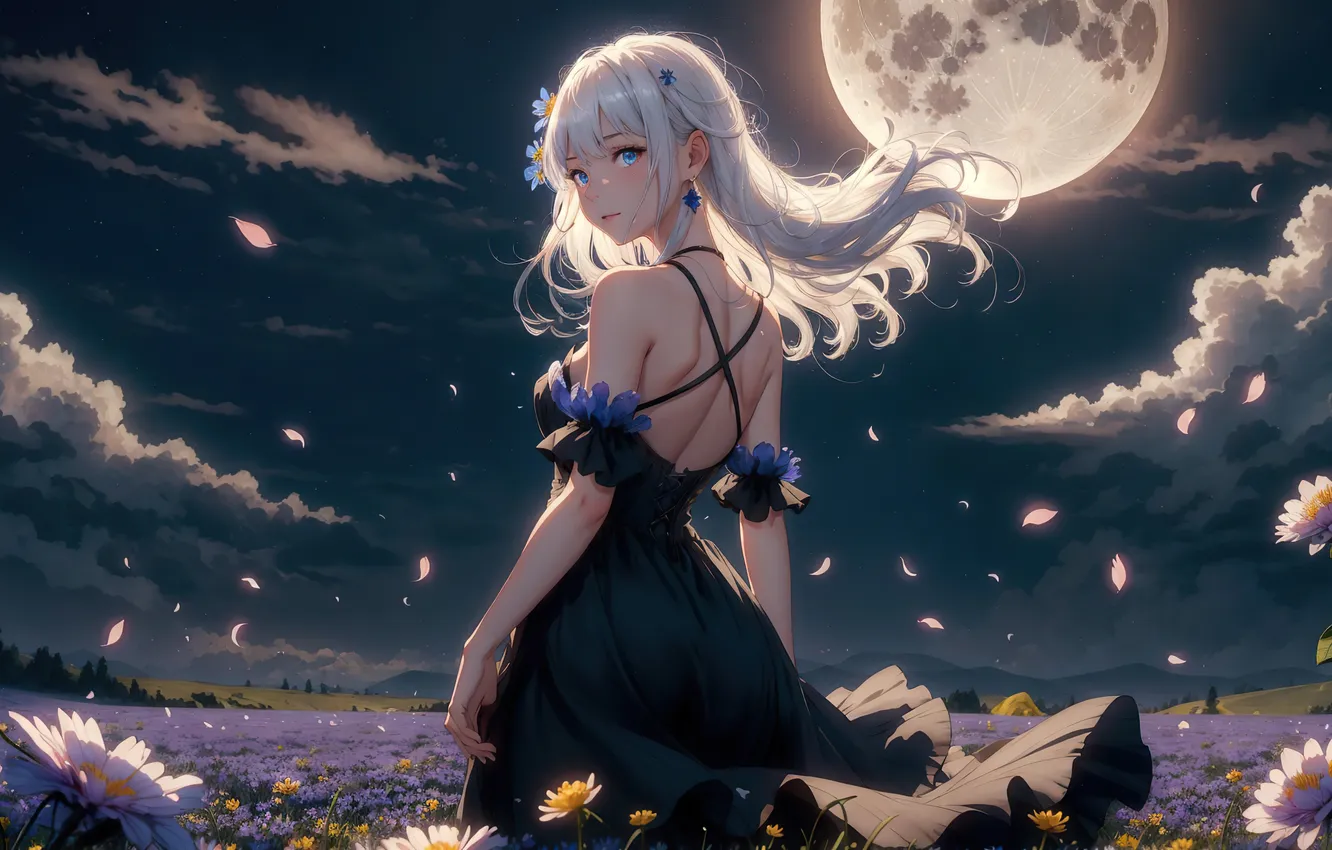 Photo wallpaper field, look, girl, flowers, night, the wind, the moon, dress