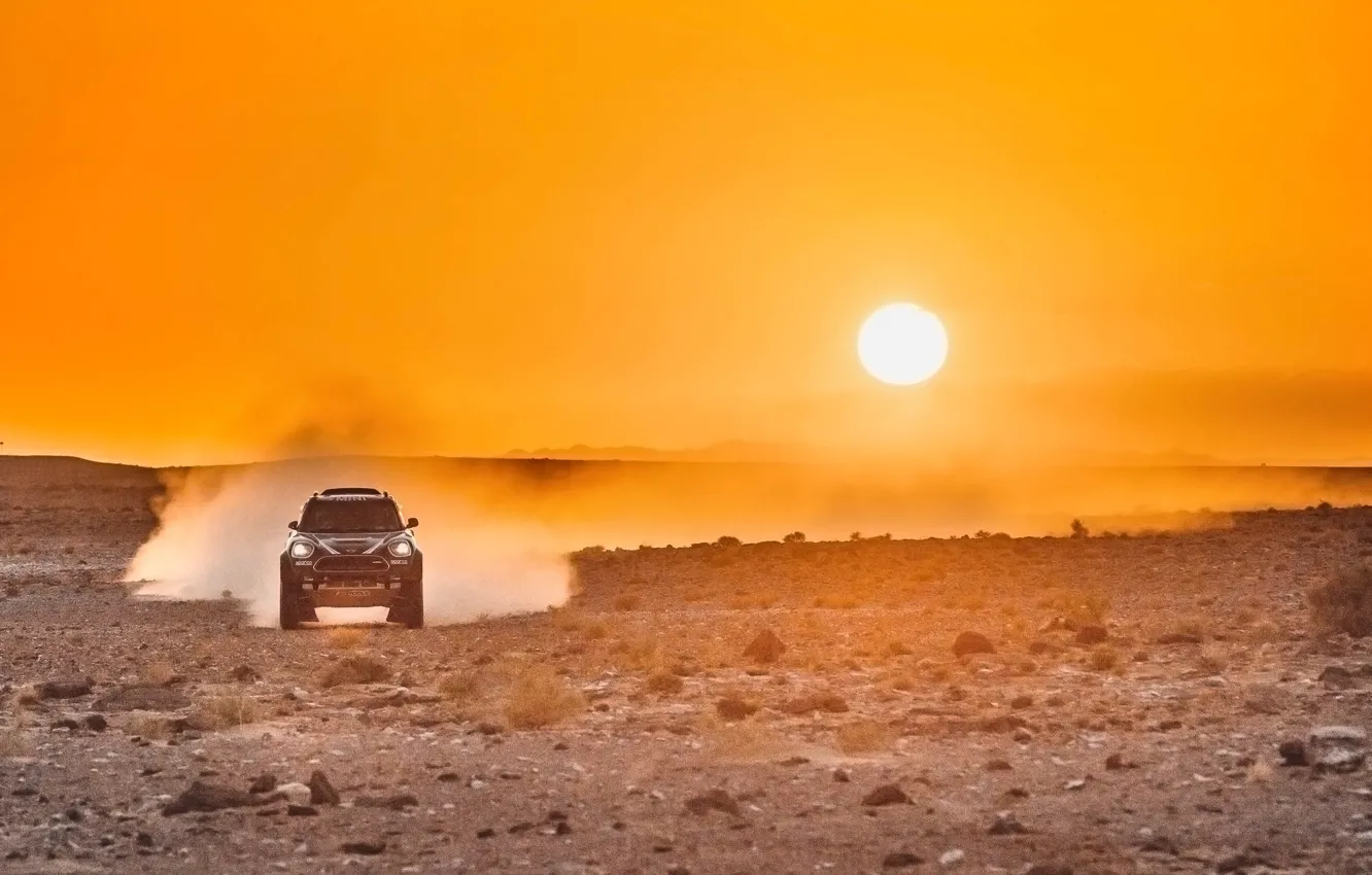 Photo wallpaper Sunset, The sun, The sky, Sand, Mini, Mountains, Dust, Sport