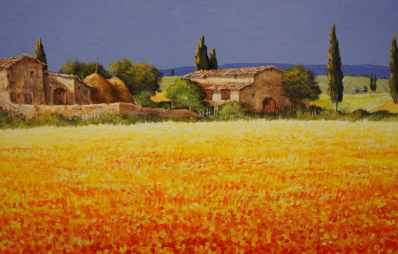 Photo wallpaper field, the sky, trees, landscape, flowers, home, picture, Italy