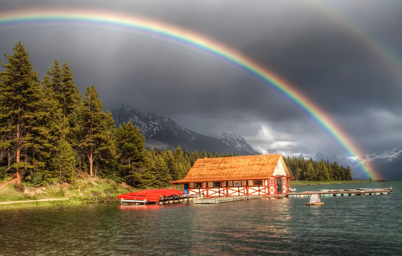 Photo wallpaper forest, mountains, river, Marina, rainbow, house