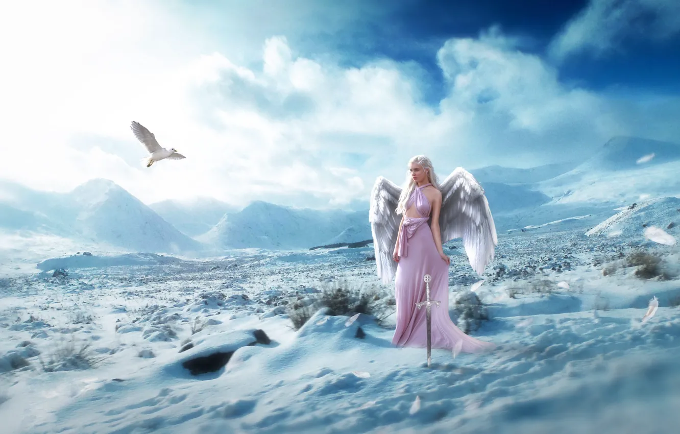 Photo wallpaper winter, field, white, the sky, girl, clouds, snow, flight