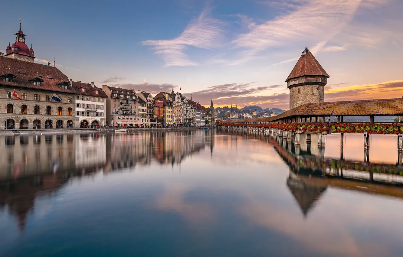 Photo wallpaper bridge, reflection, river, building, home, Switzerland, Switzerland, Lucerne