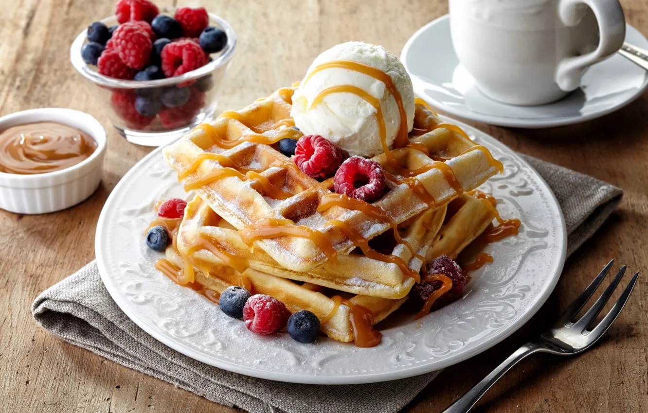 Photo wallpaper berries, raspberry, coffee, blueberries, ice cream, plug, dessert, waffles