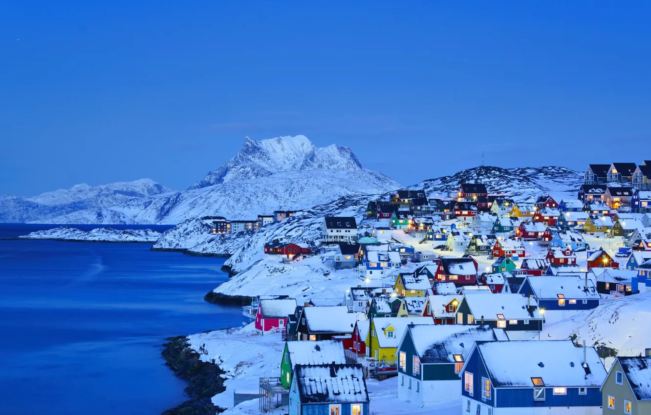Photo wallpaper winter, sea, snow, mountains, lights, home, Greenland, Nuuk