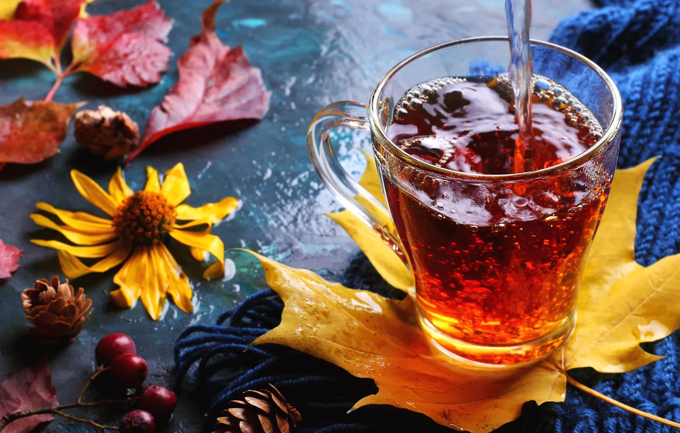 Photo wallpaper autumn, leaves, tea, drink