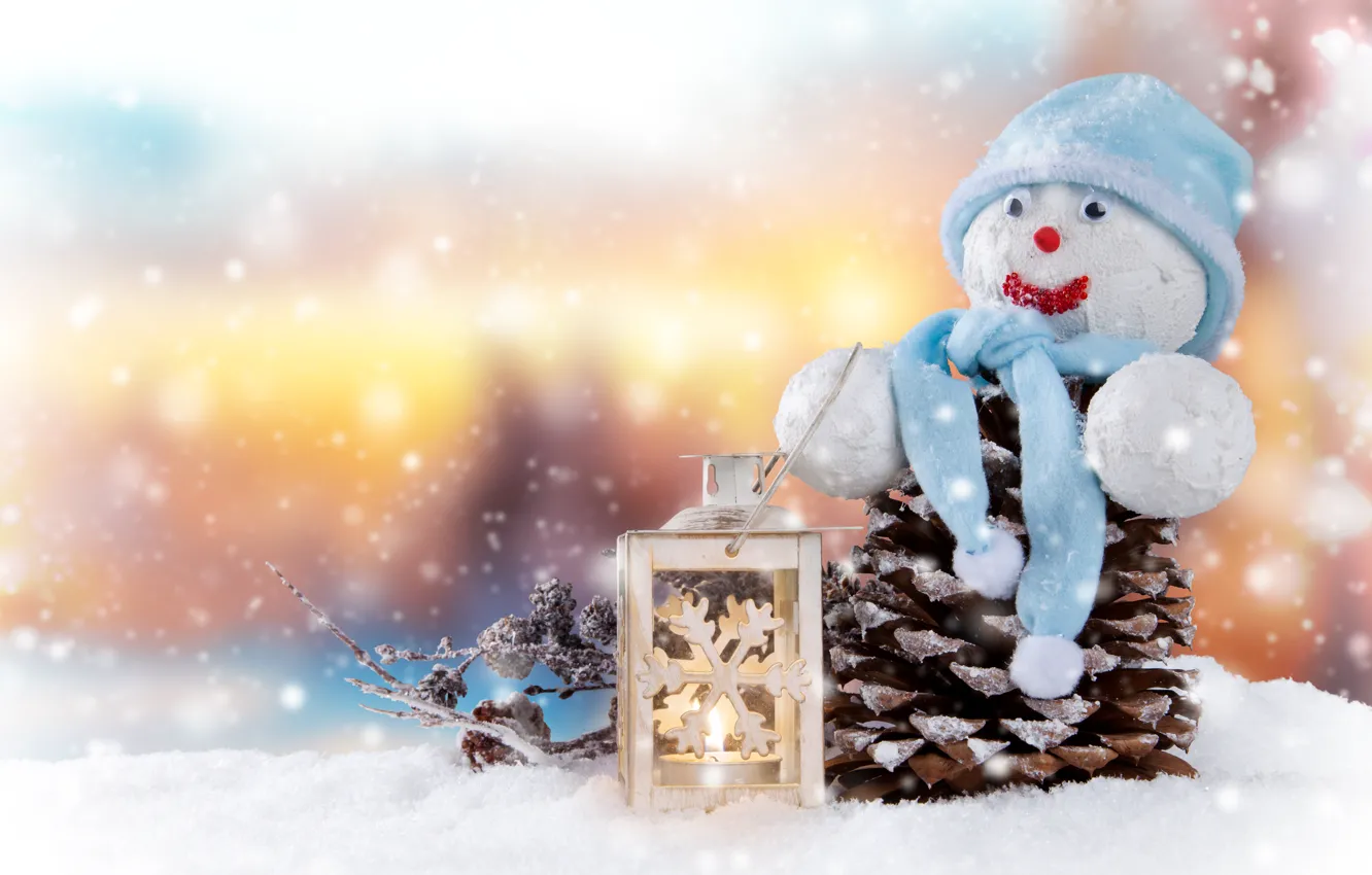 Photo wallpaper Candles, Snow, Hat, New year, Holiday, Bumps, Snowman