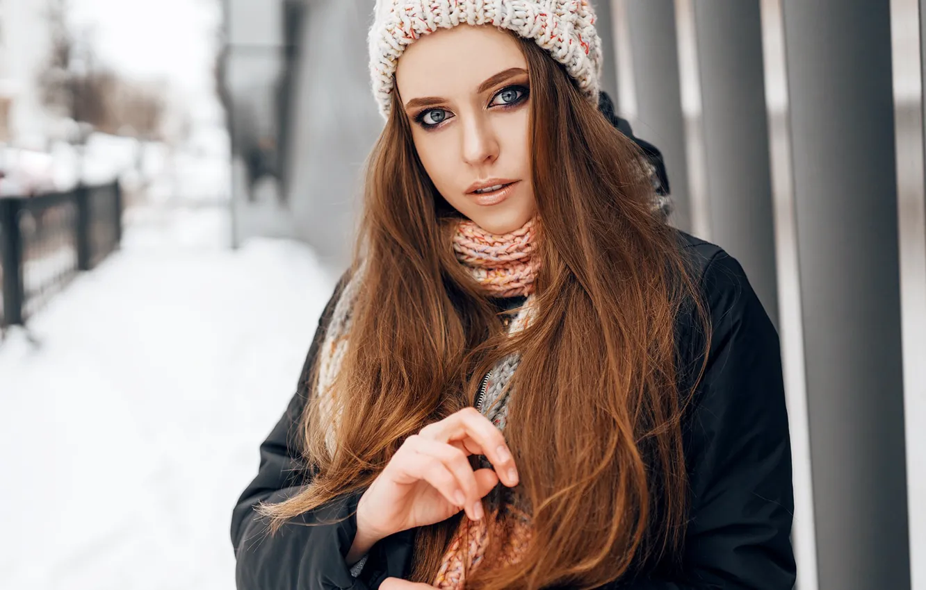 Photo wallpaper girl, brown hair, photo, photographer, blue eyes, model, brunette, scarf