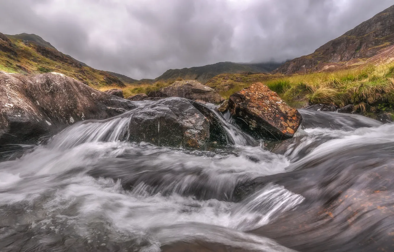 Photo wallpaper landscape, mountains, river, stones, stream, Wales