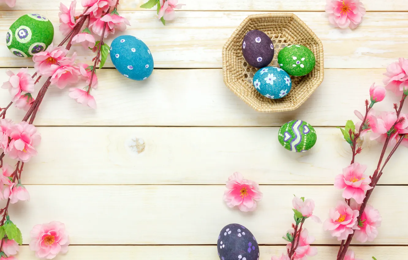 Photo wallpaper flowers, basket, eggs, spring, colorful, Easter, pink, wood