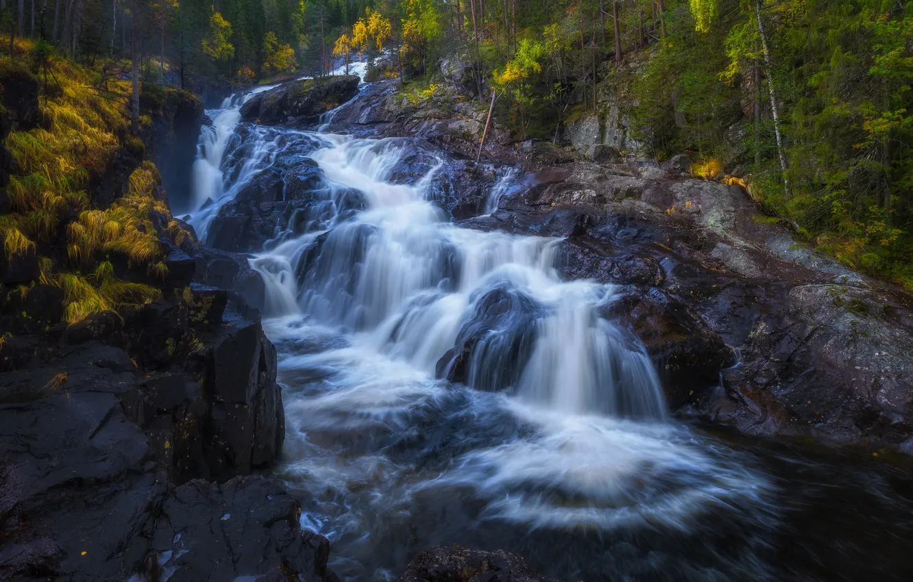 Photo wallpaper autumn, river, rocks, waterfall, cascade