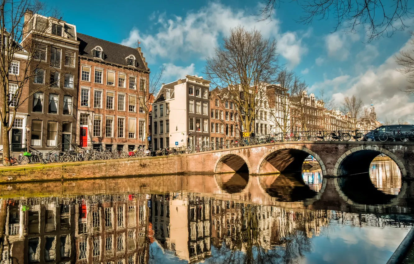 Photo wallpaper bridge, bike, reflection, river, home, Netherlands, Amsterdam, water