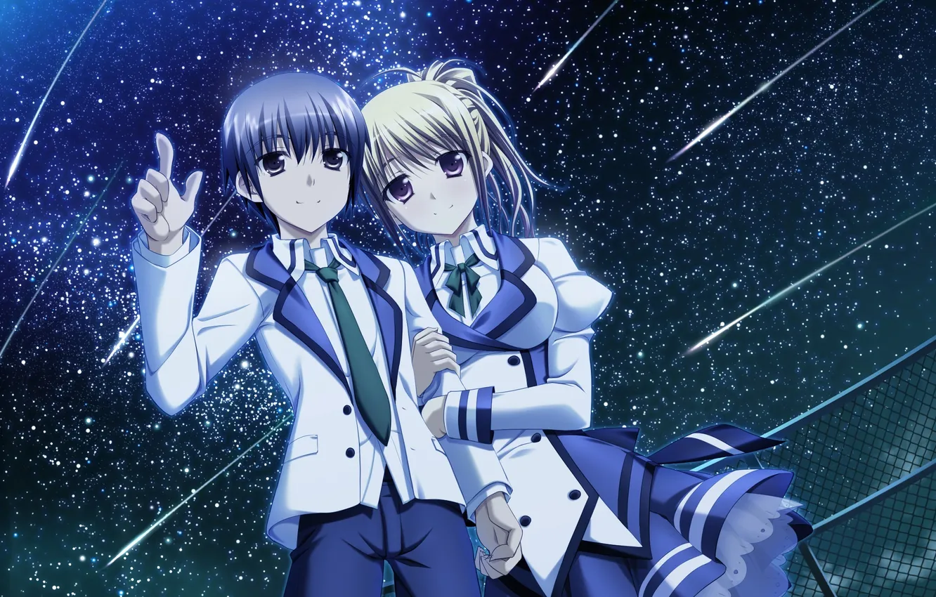 Photo wallpaper the sky, girl, stars, night, the fence, art, guy, Dp Minase