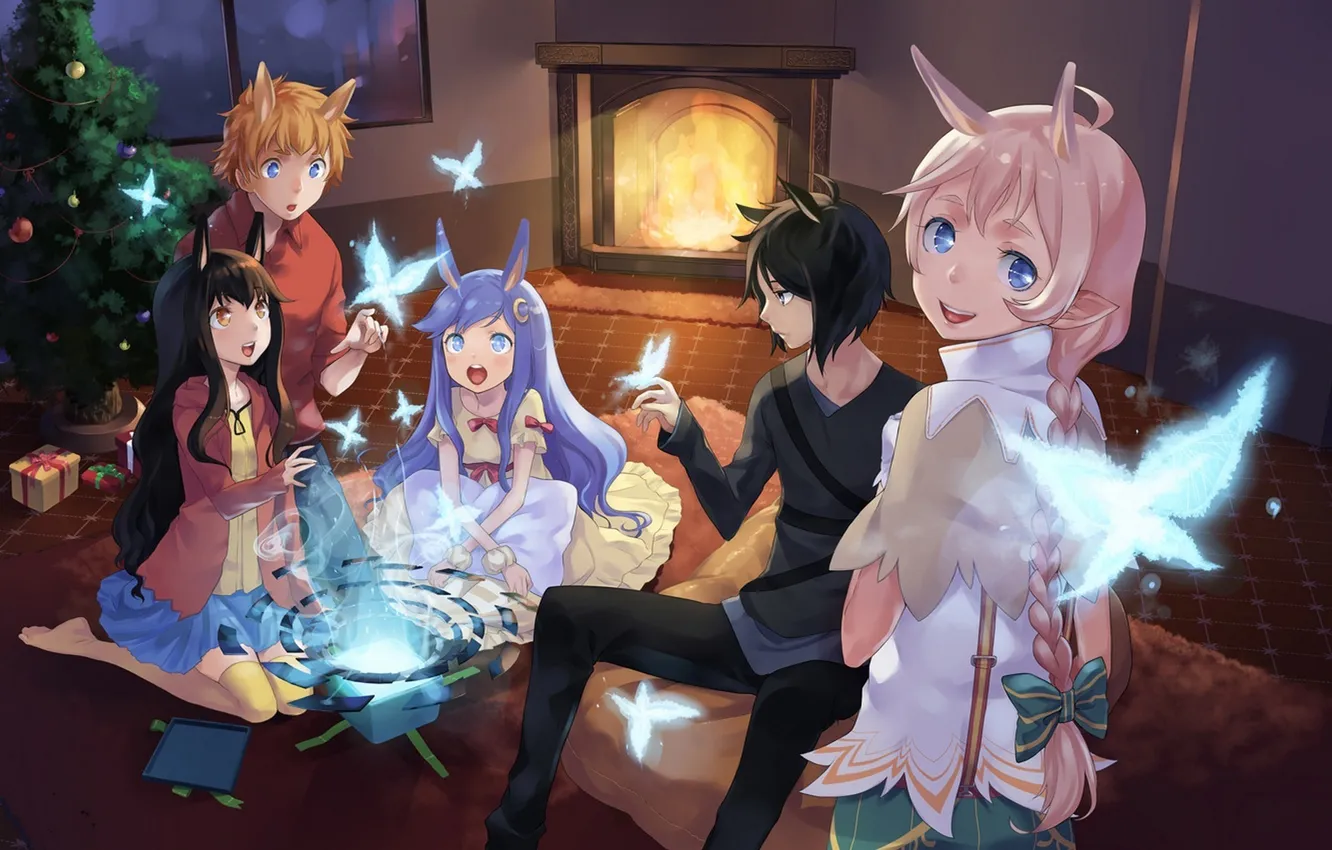 Photo wallpaper girl, lights, holiday, gift, butterfly, toy, tree, anime