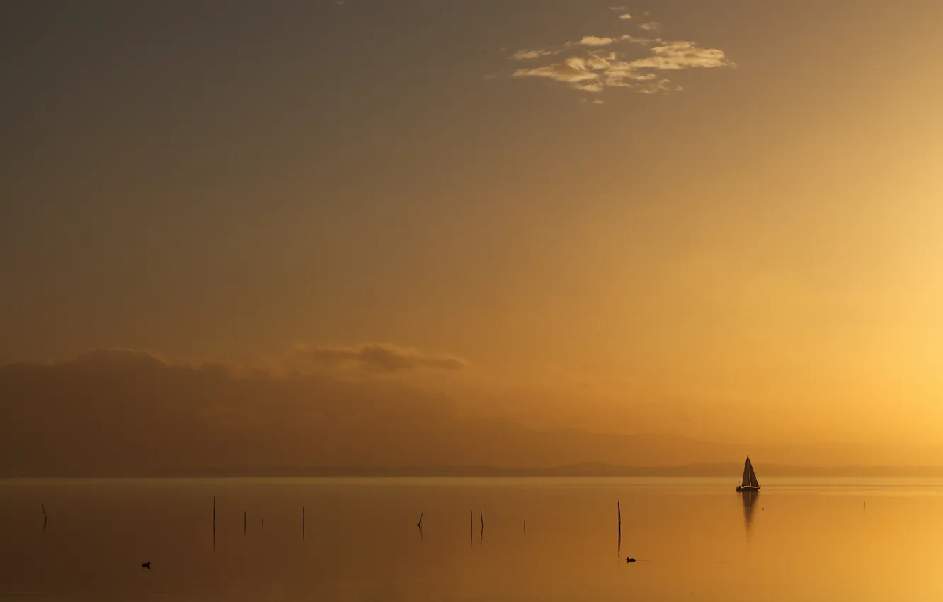 Photo wallpaper sunset, lake, boat