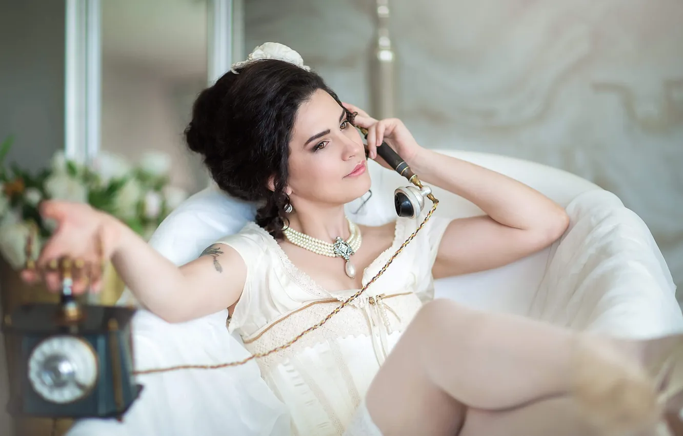 Photo wallpaper girl, decoration, phone, the conversation, gesture, handset, white stockings, boudoir