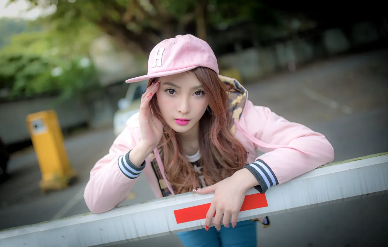 Photo wallpaper look, girl, cap, Asian, cutie