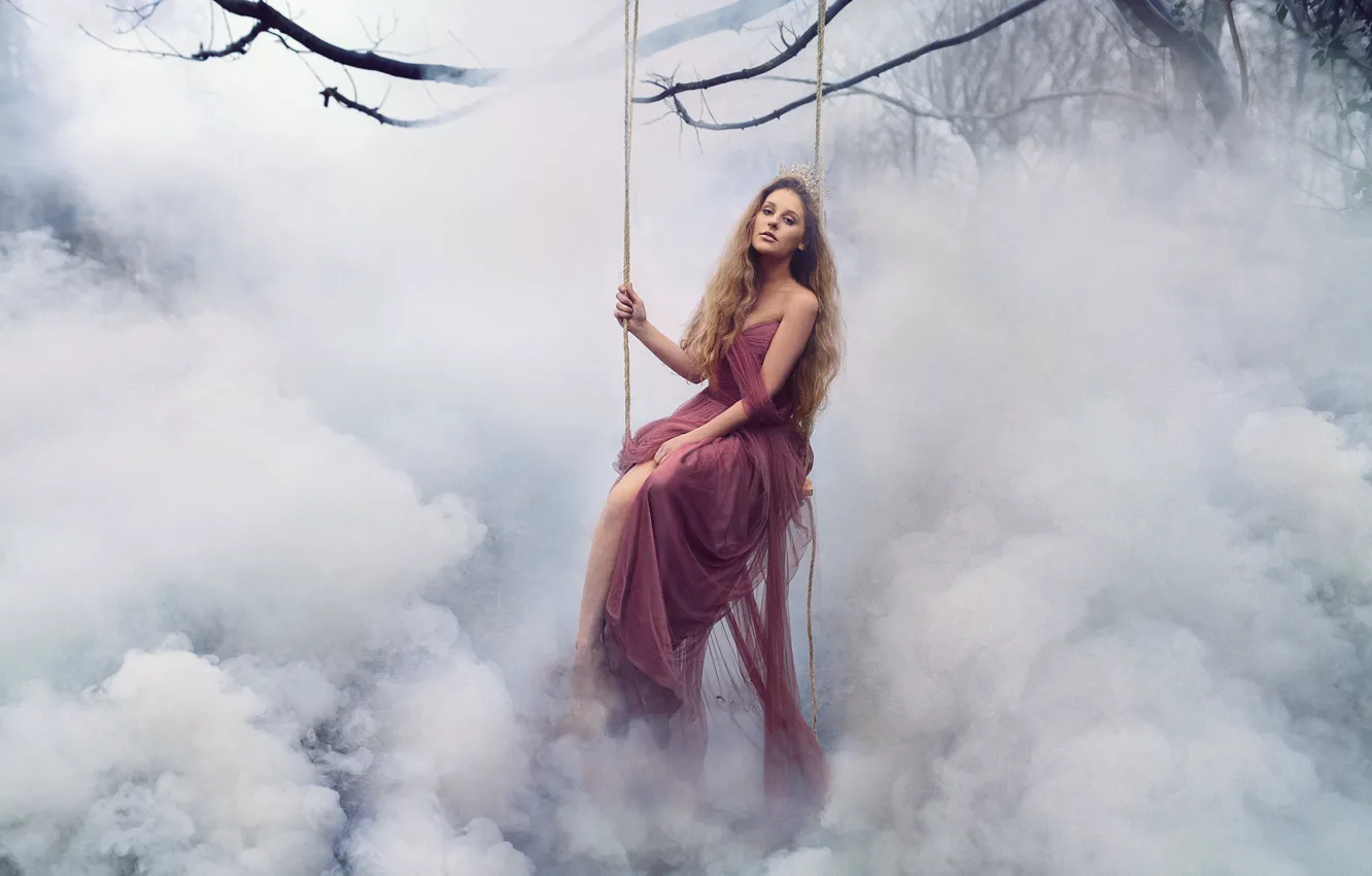 Photo wallpaper girl, clouds, branches, nature, pose, fog, swing, smoke