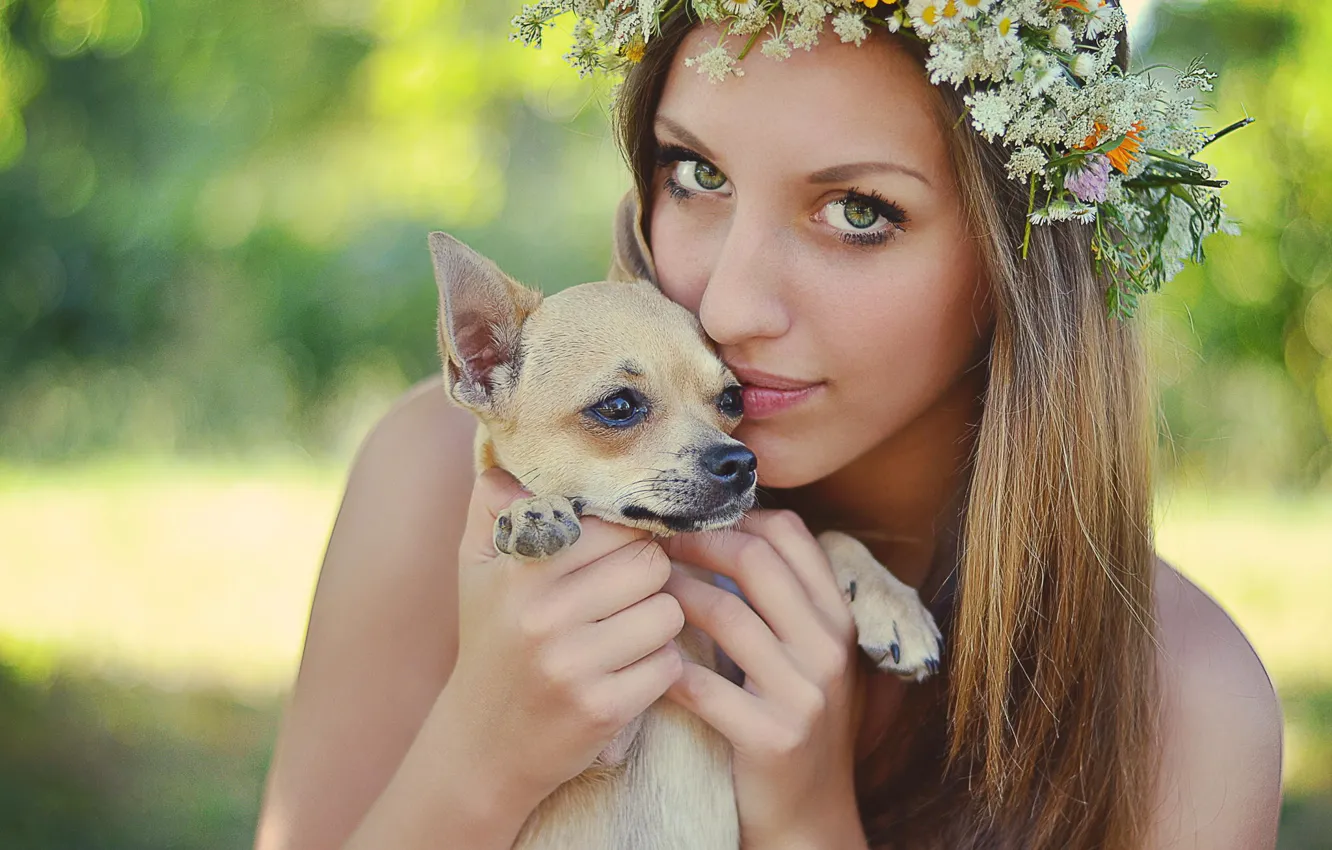 Photo wallpaper summer, look, girl, flowers, nature, puppy, brown hair, wreath