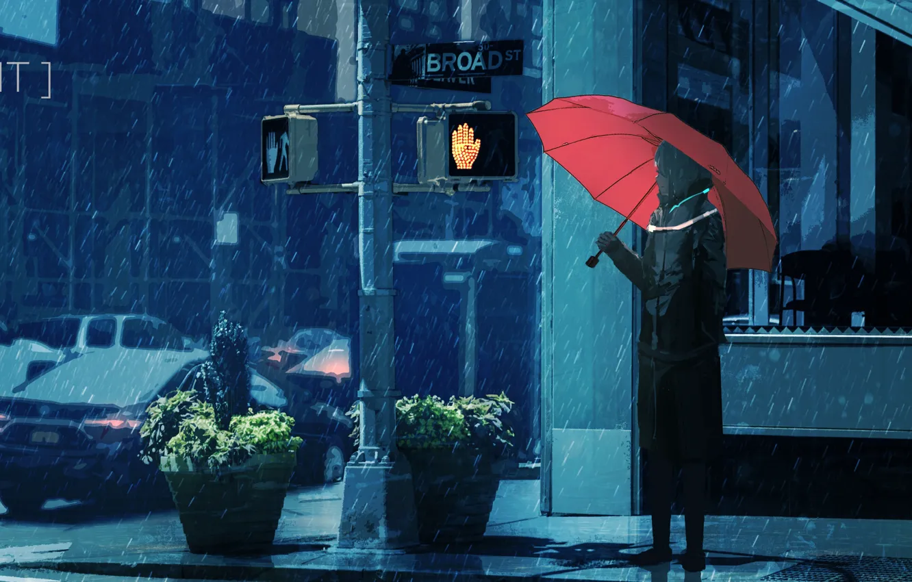 Photo wallpaper girl, snow, the city, umbrella