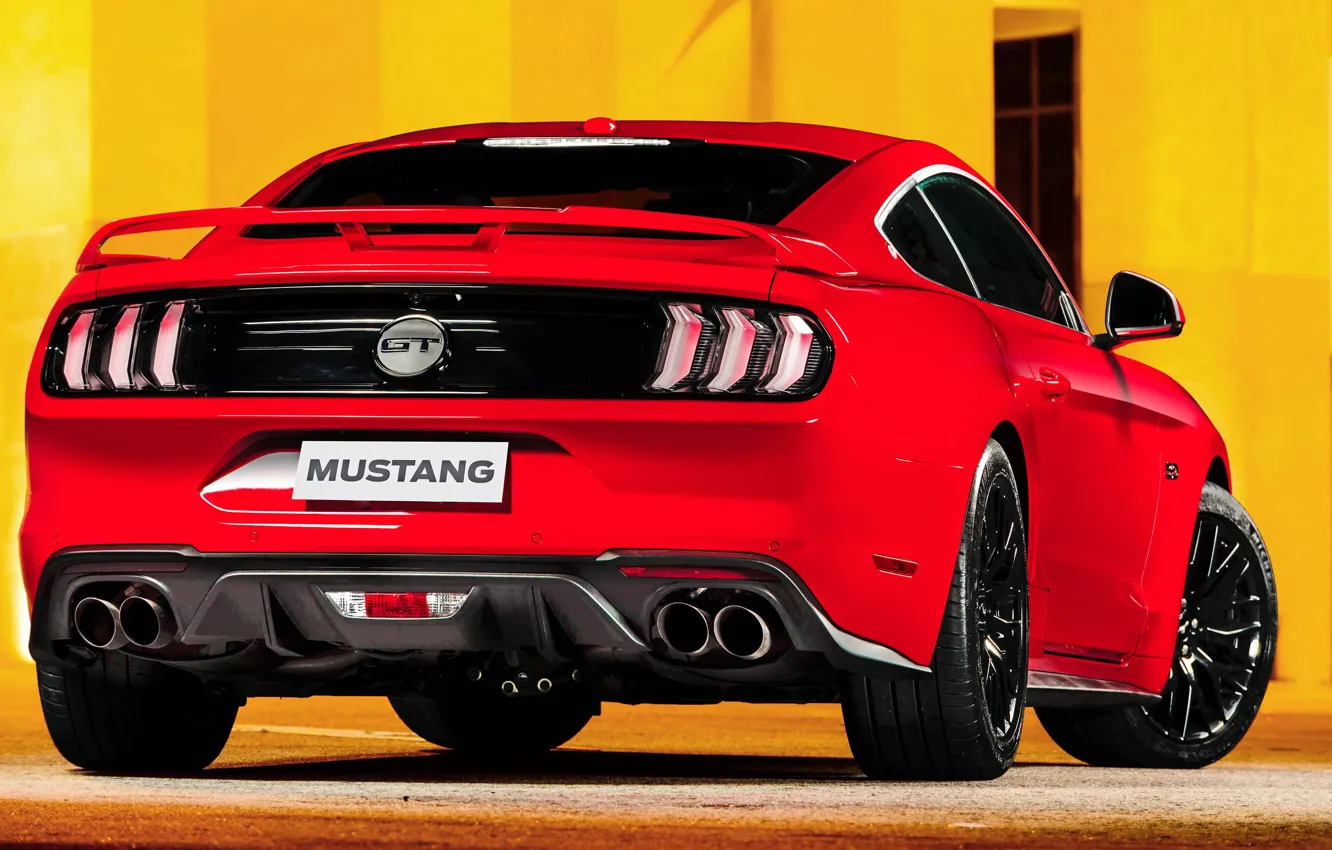 Photo wallpaper red, Ford, rear view, Fastback, 2018, Mustang GT