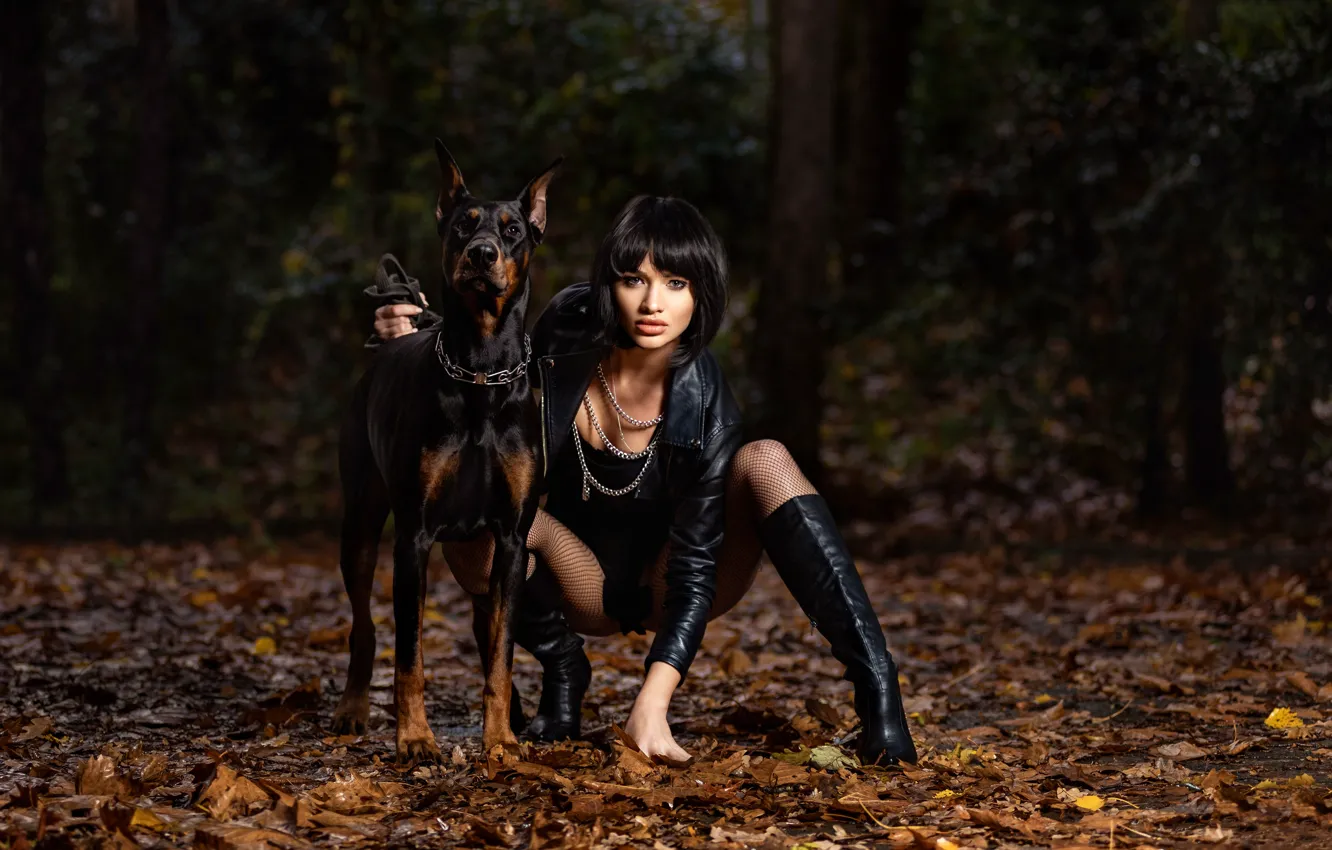 Photo wallpaper girl, beautiful, model, brunette, boots, doberman