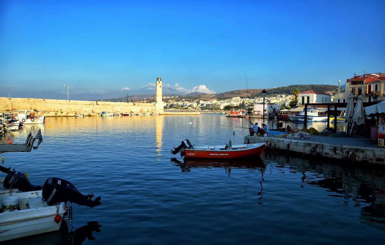 Photo wallpaper sea, fishing, lighthouse, boats, Greece, Rethymno, Crete