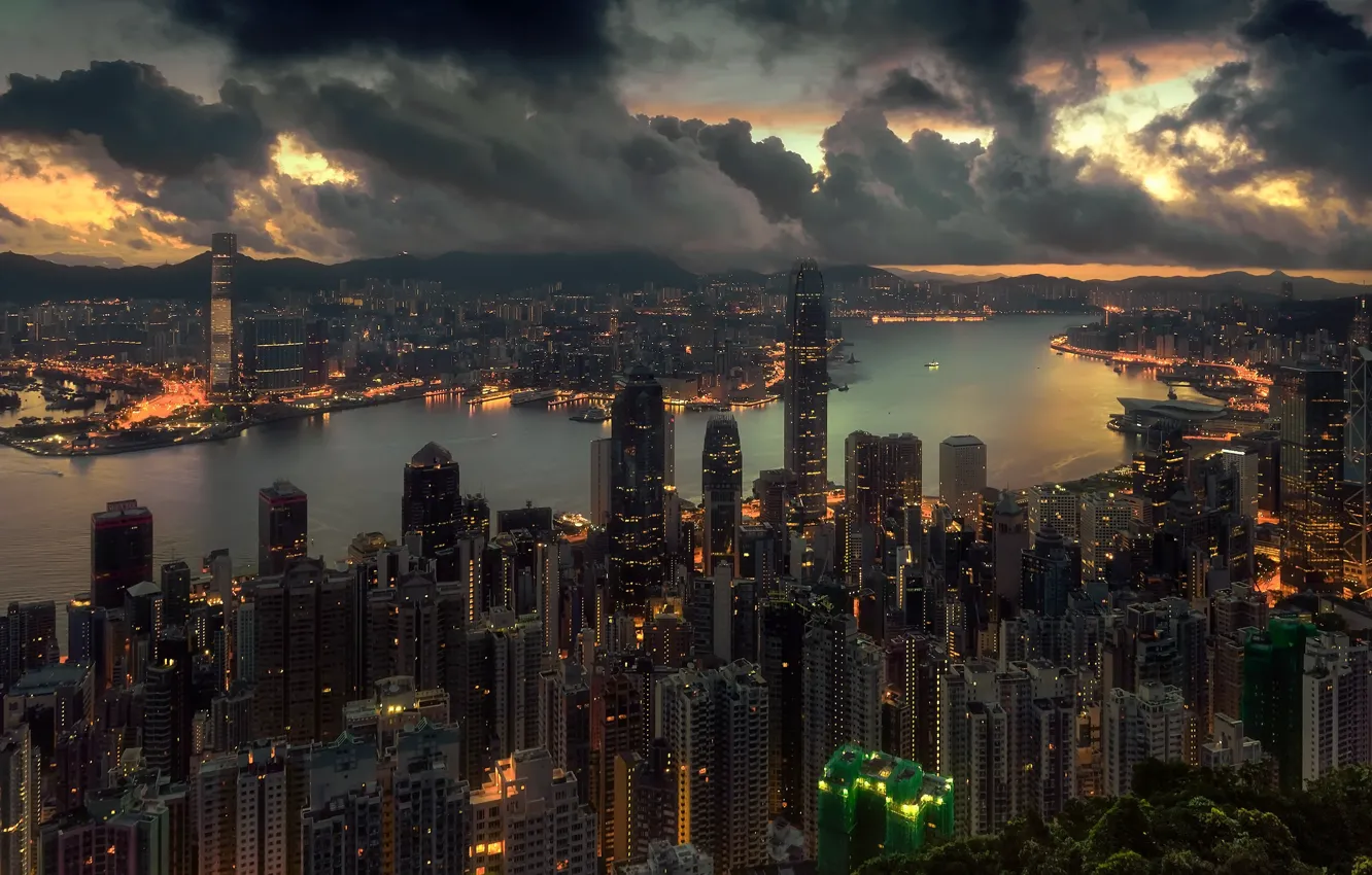 Photo wallpaper night, the city, Hong Kong