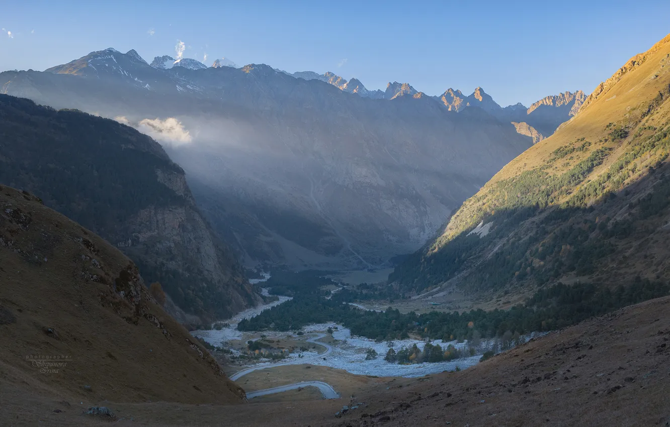 Photo wallpaper sunset, mountains, the rays of the sun, Irina Shipunova, Kabardino - Balkaria, Ushtulu Gorge