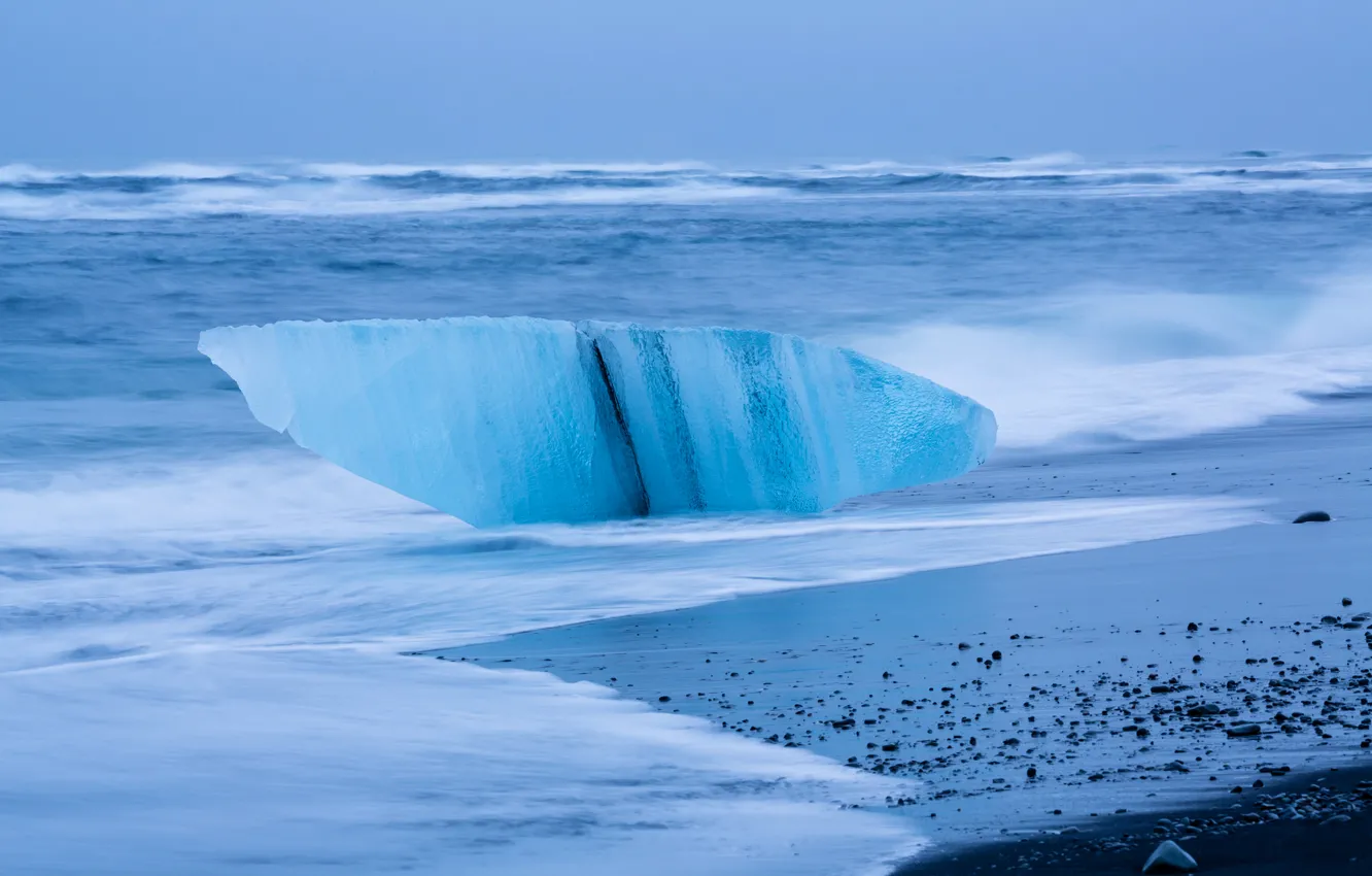 Photo wallpaper ice, sea, wave, storm, shore, ice, Iceland, blocks