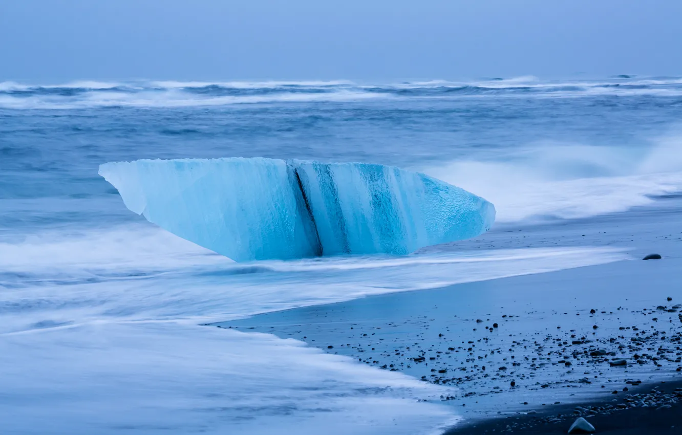 Photo wallpaper ice, sea, wave, storm, shore, floe, Iceland, lump