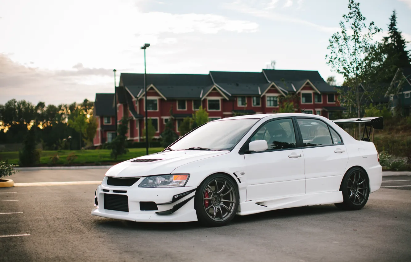 Photo wallpaper White, Street, Lancer Evolution IX