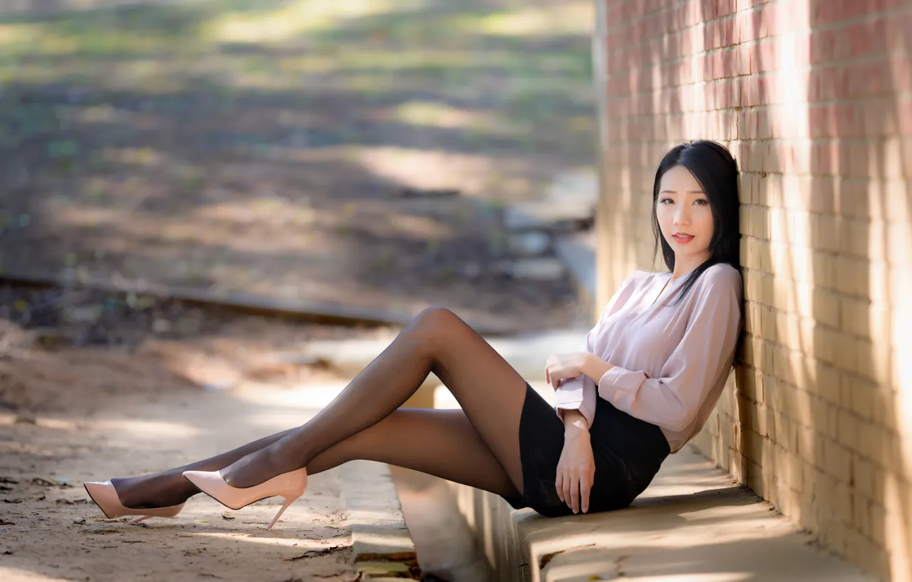 Photo wallpaper look, pose, wall, model, skirt, portrait, brick, makeup