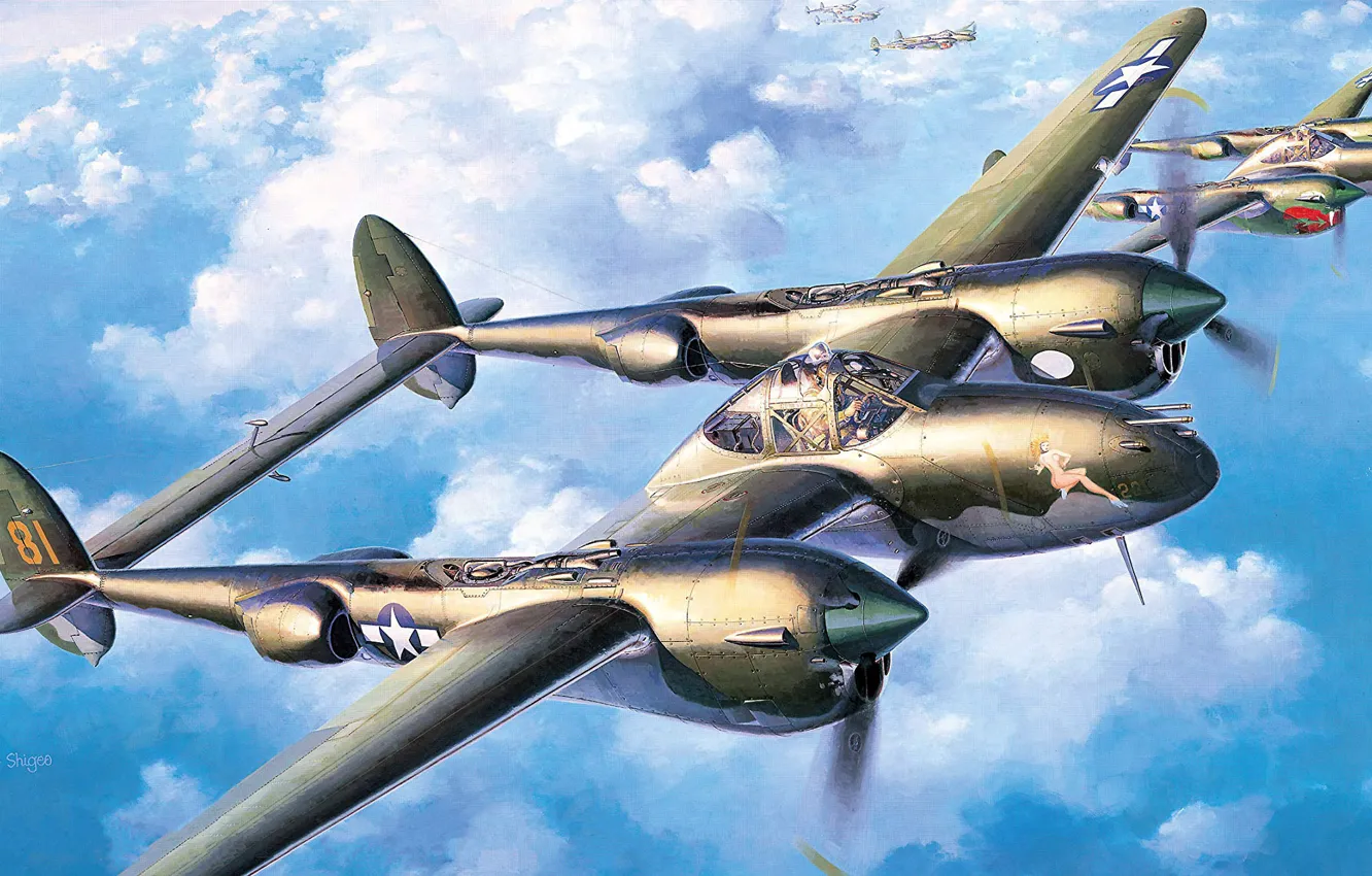 Photo wallpaper fighter, USA, Lockheed P-38 Lightning, koike shigeo, heavy, US Airforce, P-38L