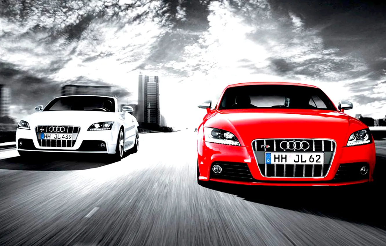 Photo wallpaper audi, cars, competition, two cars, full speed, white and red