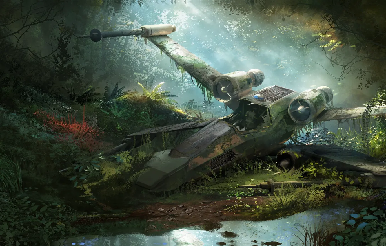 Photo wallpaper forest, fiction, the crash, art, Diamond Kitty Finding Her Johnson, X-Wing Wreckage