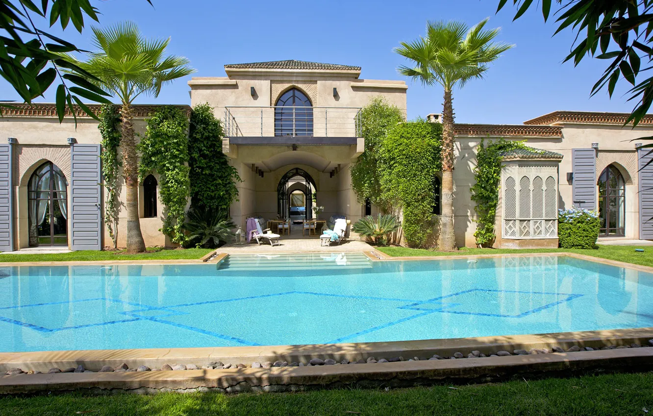 Photo wallpaper palm trees, Villa, pool, architecture, Morocco, Marrakech, Villa Amanassa