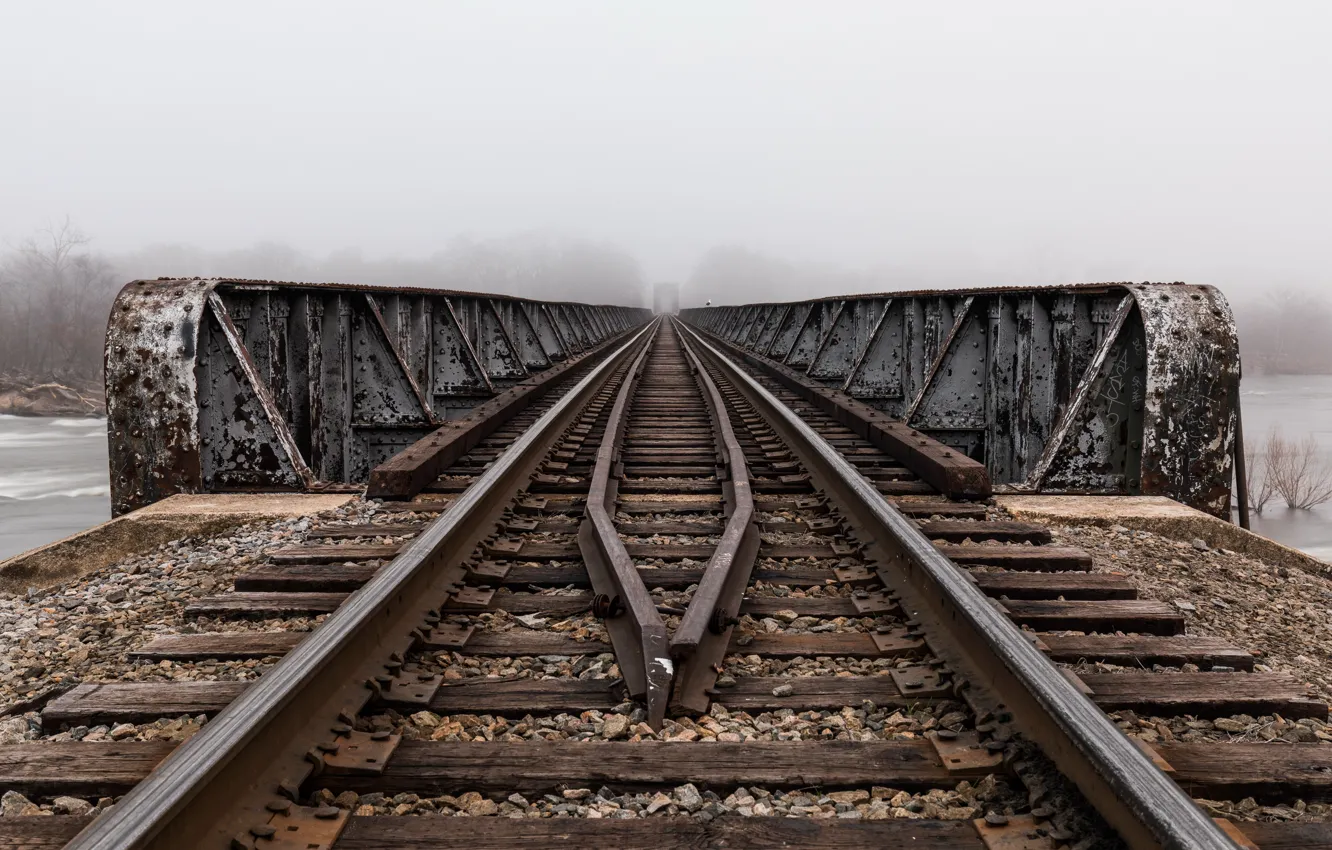 Photo wallpaper bridge, fog, railroad