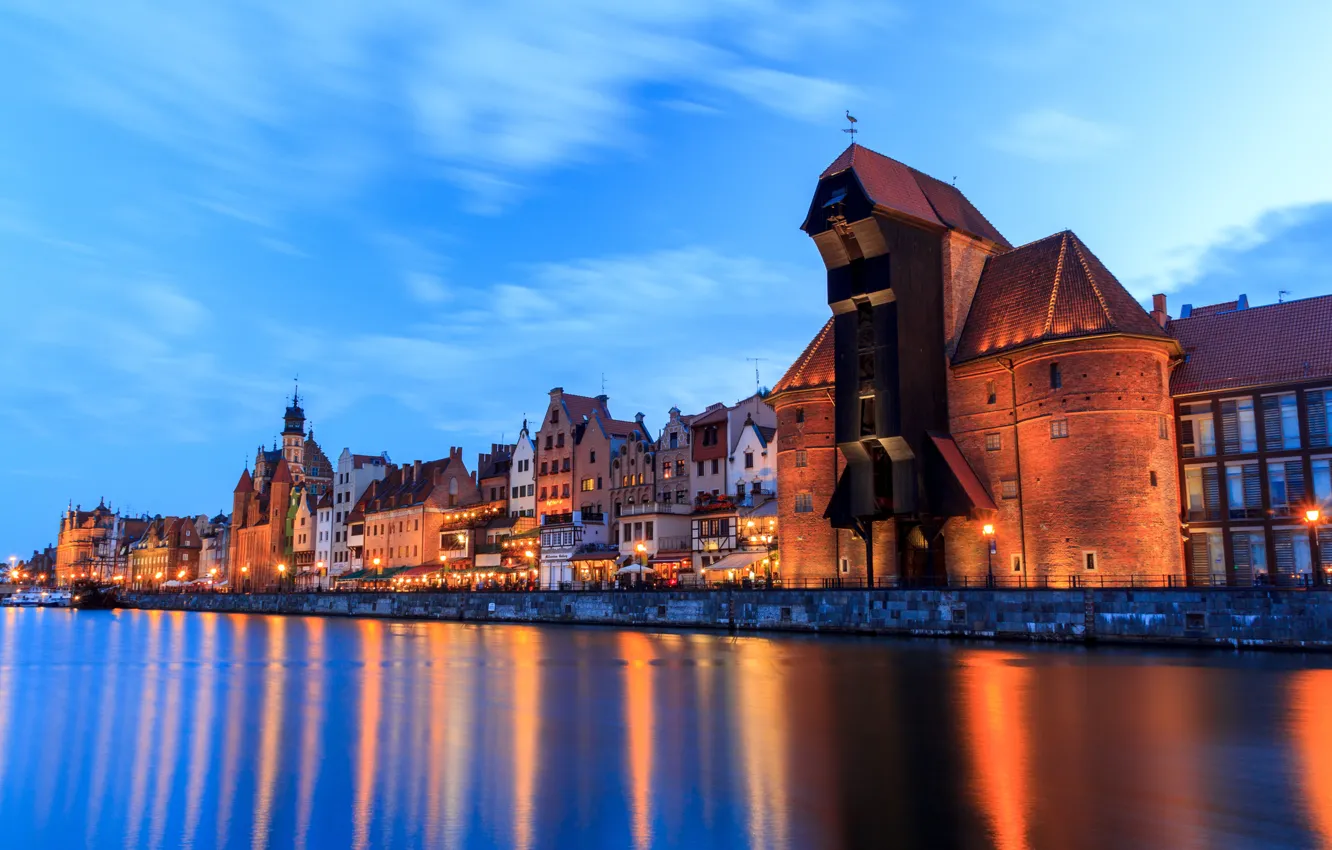 Photo wallpaper home, the evening, Poland, lights, promenade, Poland, Gdansk, Gdansk