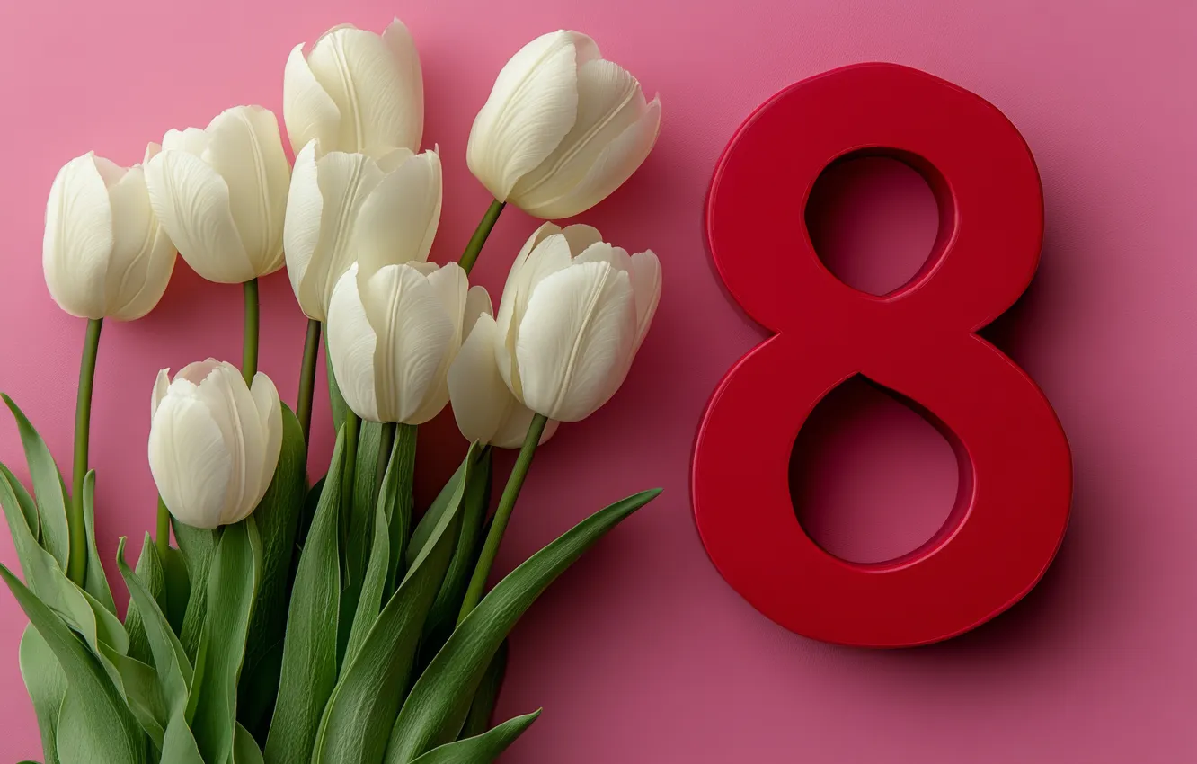 Photo wallpaper flowers, holiday, bouquet, spring, figures, tulips, white, pink background