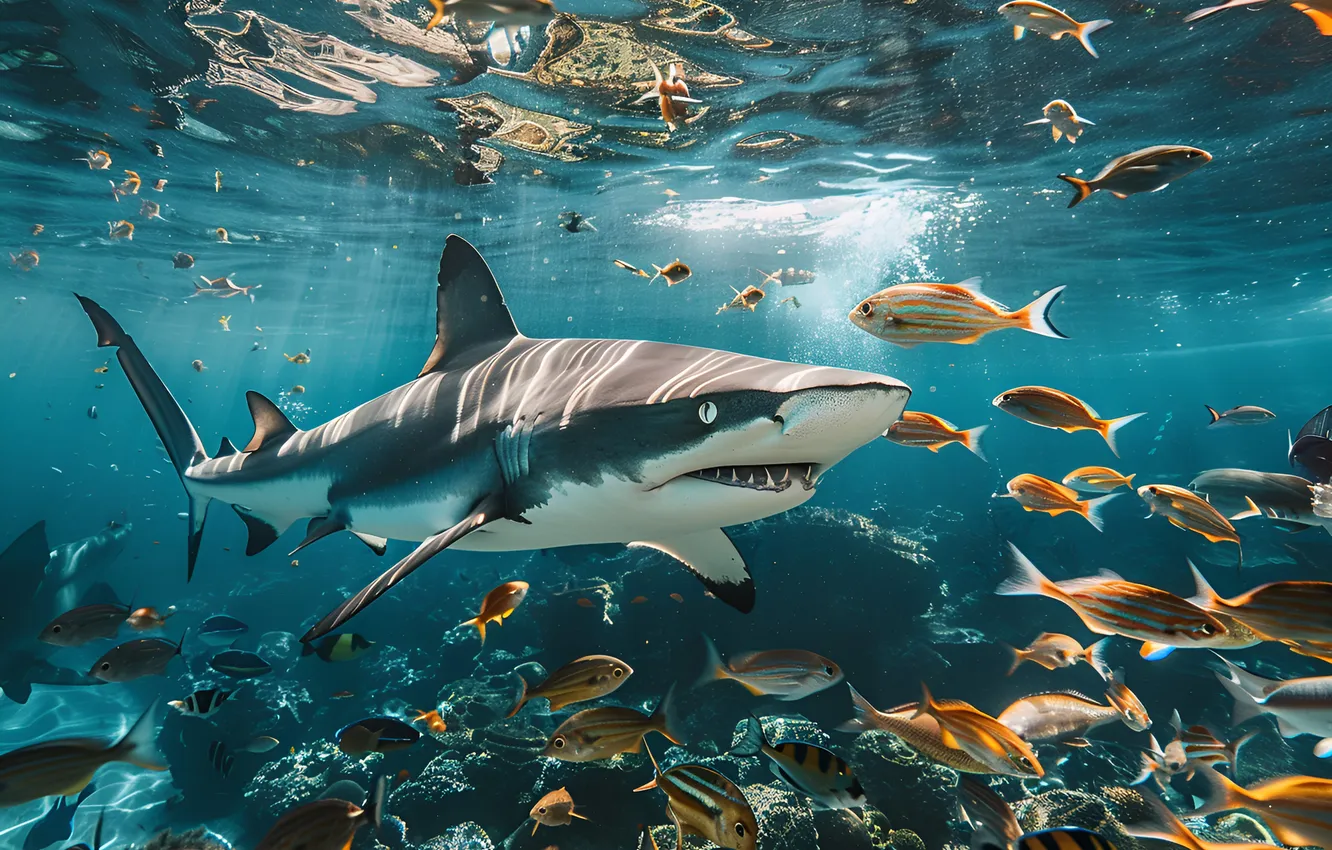 Photo wallpaper fish, predator, shark, underwater world, digital art, AI art, The Art of Artificial Intelligence, neural …