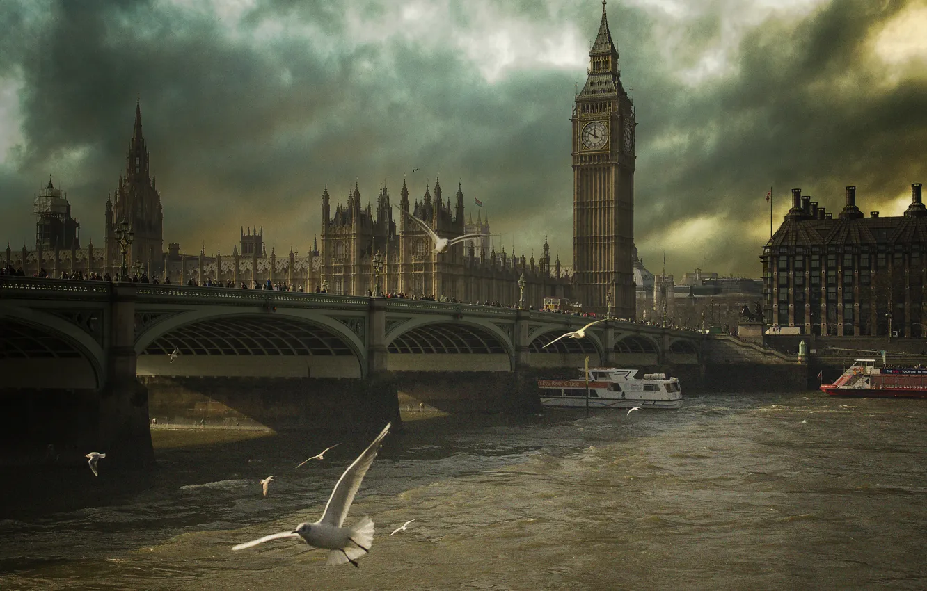 Photo wallpaper birds, clouds, bridge, river, England, London, seagulls