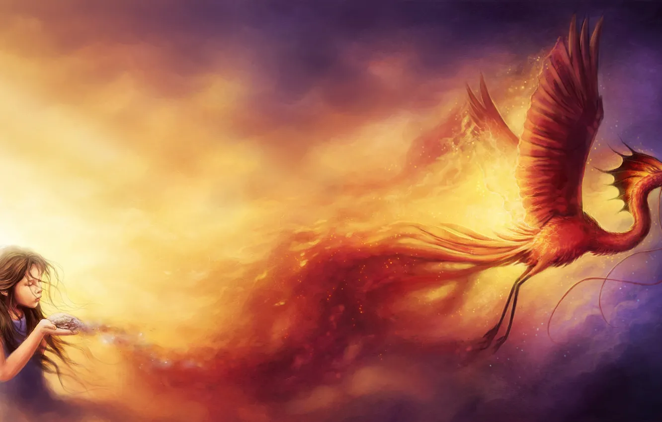 Photo wallpaper lights, bird, art, girl, Phoenix, sanguisgelidus