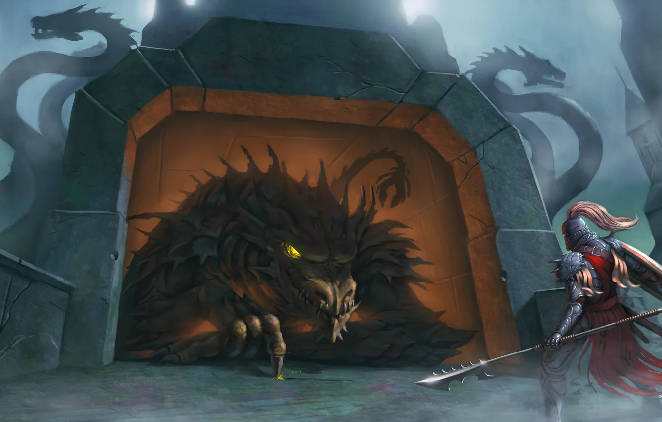 Photo wallpaper castle, dragon, armor, art, spear, shield, knight