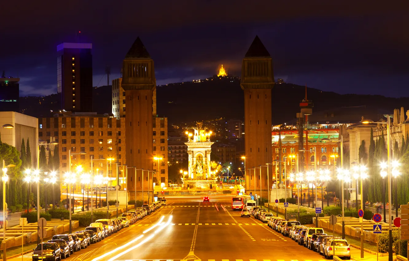 Photo wallpaper road, night, lights, Avenue, tower, lights, car, Spain
