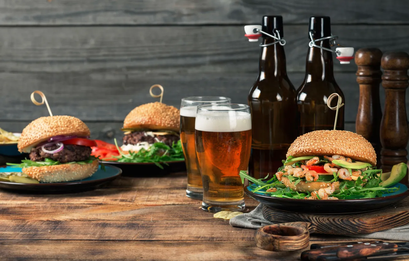 Photo wallpaper greens, Board, bottle, beer, hamburger, Patty, beer, shrimp