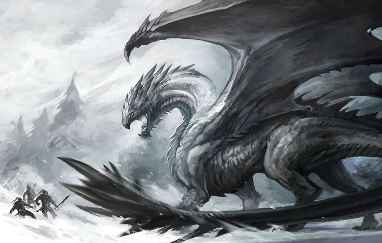 Photo wallpaper ice, snow, dragon, people, battle