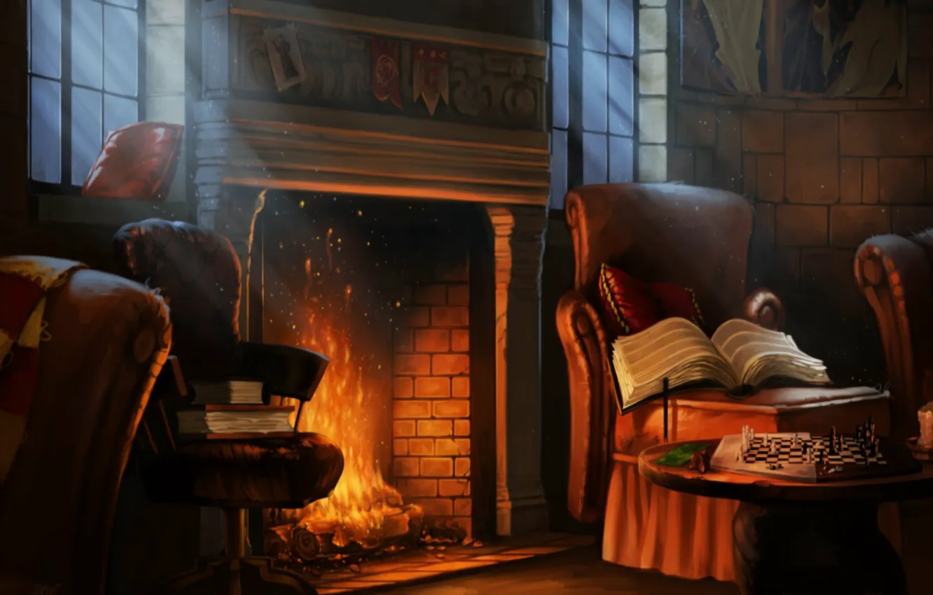 Photo wallpaper fire, chess, book, sofa, fireplace