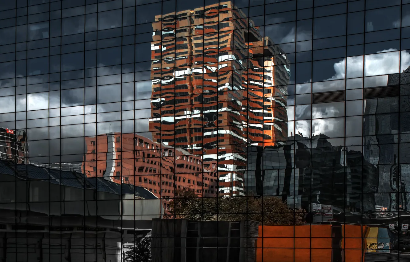 Photo wallpaper glass, the city, reflection, building, home
